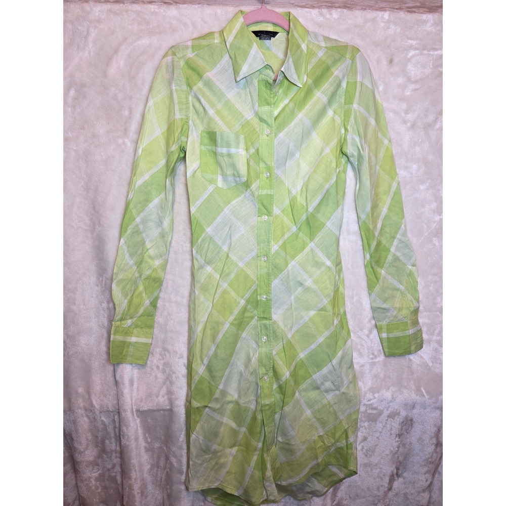 Moda International Green Plaid 100% Linen Button Down Shirt Dress Womens Size 4